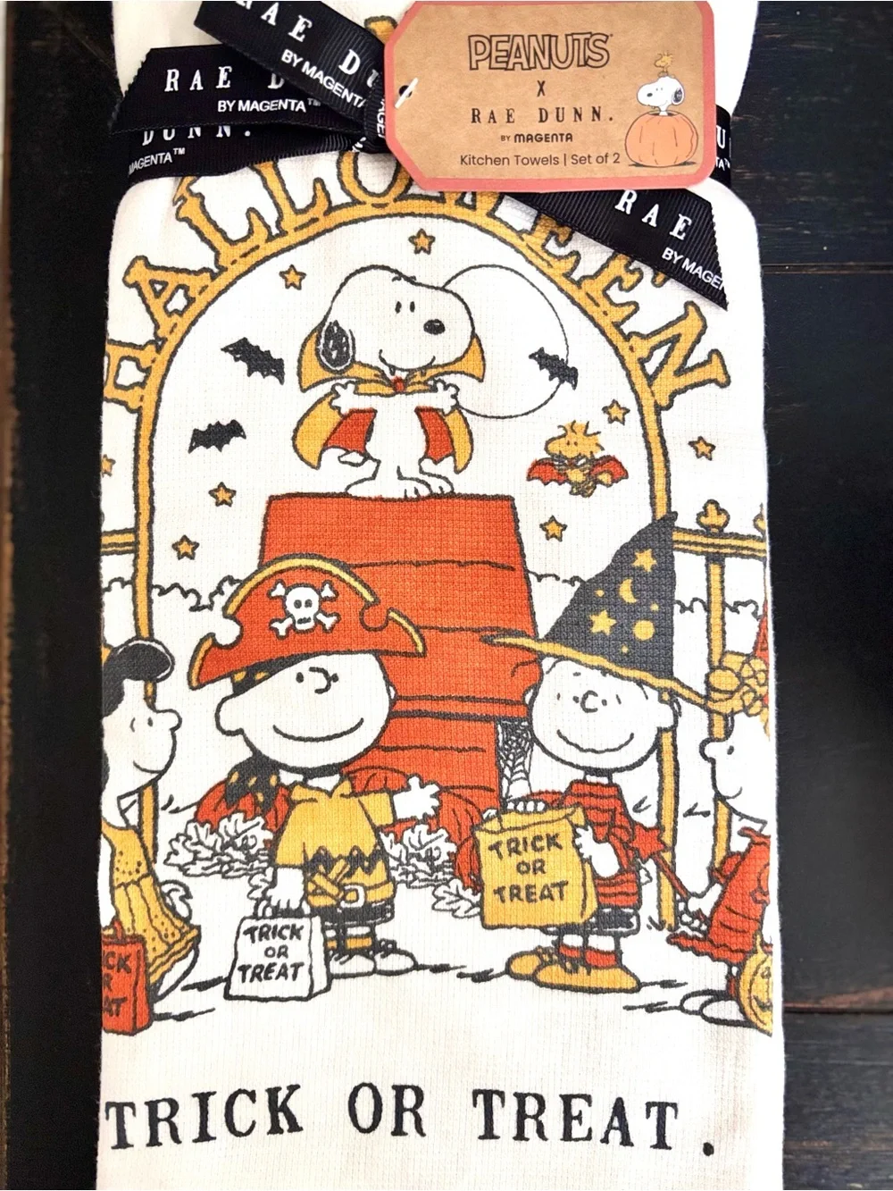 Peanuts x Rae Dunn TRICK OR TREAT Holiday Kitchen Towels Set Of 2 NEW
